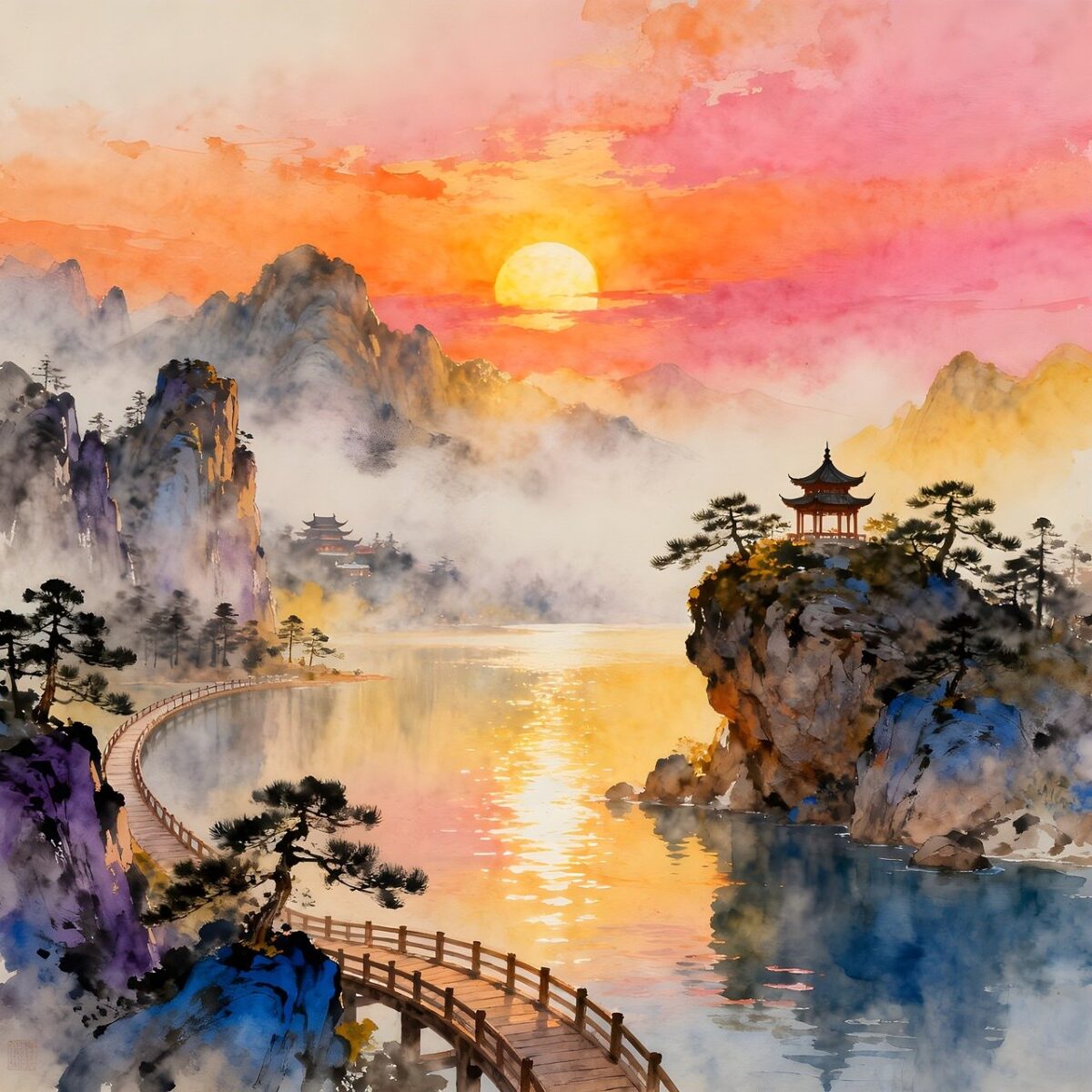 painting, watercolor, nature, landscape, texture, artistic, paper, creative, river, lake, mountains, bridge, oriental, style, sunset, sky, dusk, twilight, scenic, mood, view, calm, relaxing, ai generated